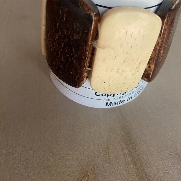 Vintage Brown Cream Chunky Cow Bone Panel Stretch Bracelet Boho Earthy Tribal - Picture 10 of 10